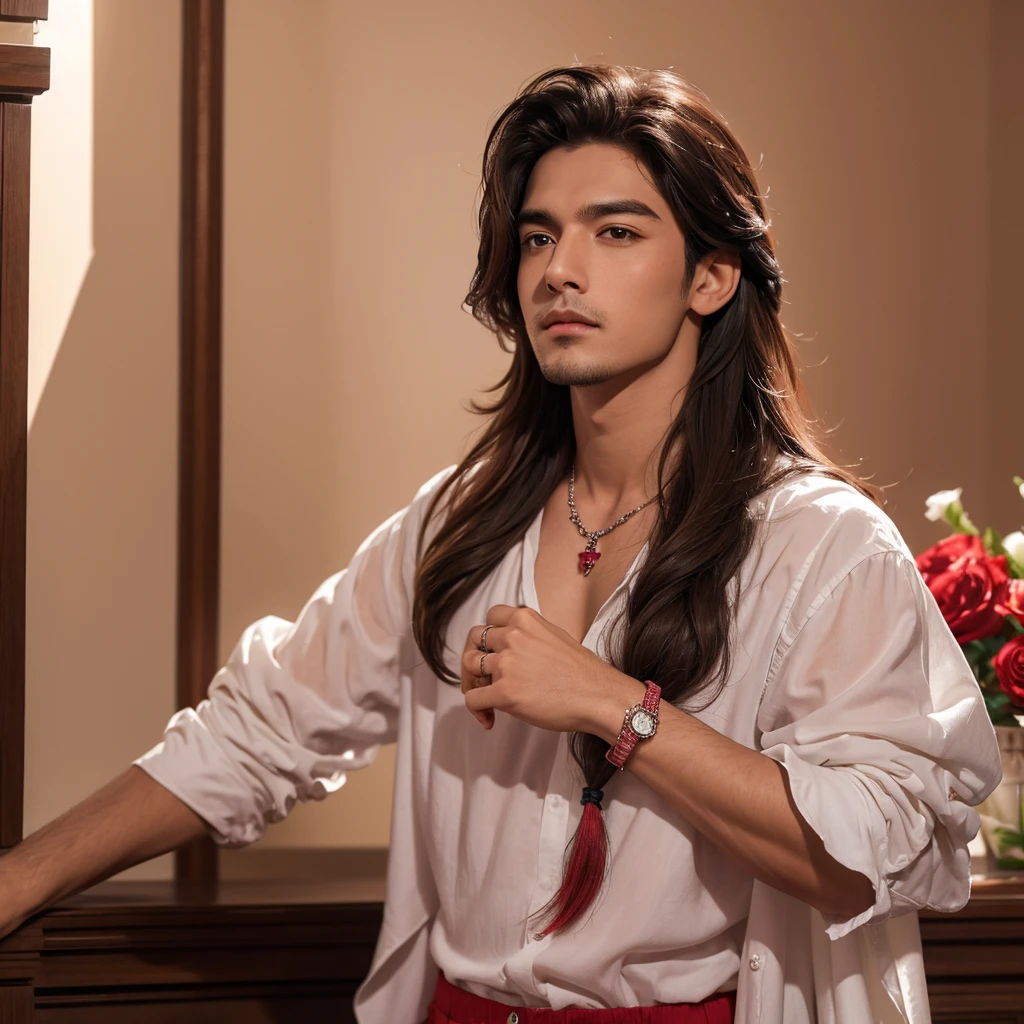 (absurdos, high resolution, ultra detallado), 1 male, hombre, cabello largo Elegante, chico alto y musculoso, rosas rojas y rosadas a su alrededor, Jeweler&#39;s, A man standing comfortably on his back in the roses, Desde directamente arriba, (Camisa blanca, vaqueros azules), gorgeous, wet, model pose, vistoso, artistic, profundidad de campo, Focus on your calm facial features, aspecto elegante, sofisticado 