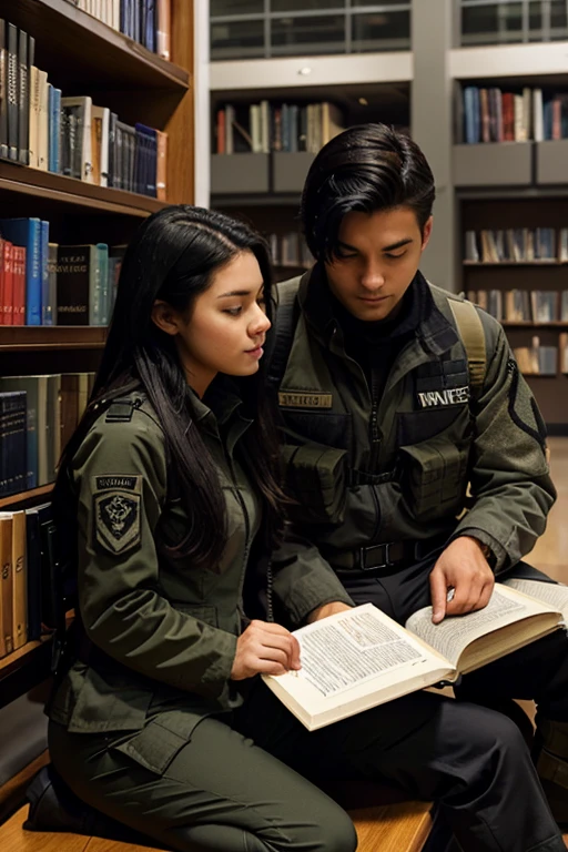couple of students wearing tactical sniper clothes reading books in a library, including a beautiful blonde woman and a white boy with straight black hair