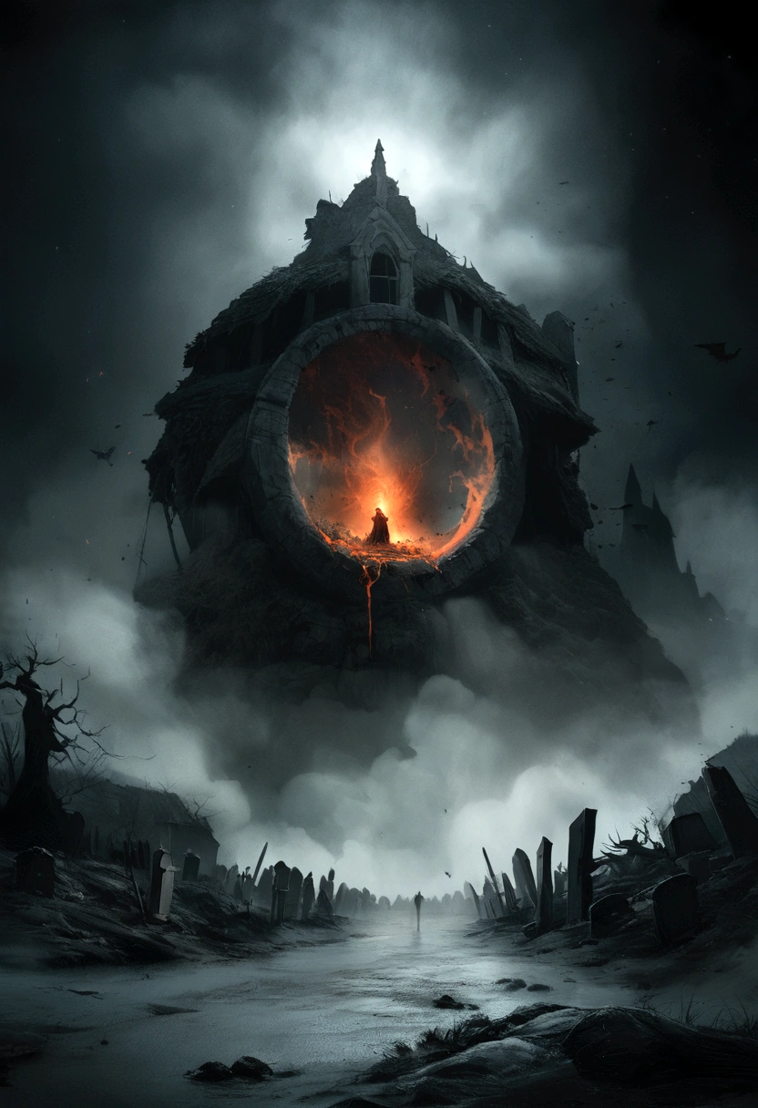 A photorealistic image, reminiscent of classic horror movie stills, of a dark and ominous graveyard at night, with a swirling, fiery portal to hell opening up in the background, The graveyard is filled with ancient, weathered tombstones that are barely visible in the darkness. The air is thick with fog and the only sound is the creaking of the old trees. In the distance, a large, fiery portal has opened up, casting an eerie orange glow over the scene. Demonic creatures can be seen emerging from the portal, their eyes glowing red and their bodies contorted into grotesque shapes.