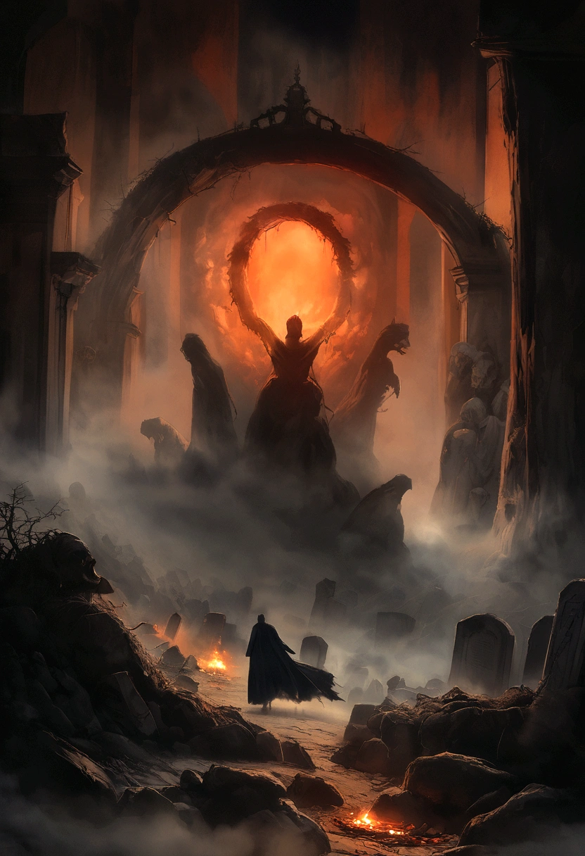 A photorealistic image, reminiscent of classic horror movie stills, of a dark and ominous graveyard at night, with a swirling, fiery portal to hell opening up in the background, The graveyard is filled with ancient, weathered tombstones that are barely visible in the darkness. The air is thick with fog and the only sound is the creaking of the old trees. In the distance, a large, fiery portal has opened up, casting an eerie orange glow over the scene. Demonic creatures can be seen emerging from the portal, their eyes glowing red and their bodies contorted into grotesque shapes.