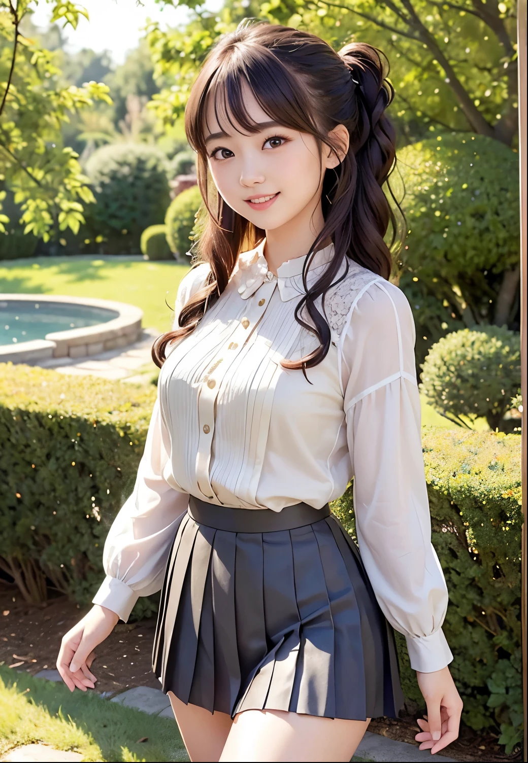 (highest quality,masterpiece:1.3,Ultra-high resolution),(Very detailed、Caustics) (Realistic:1.4, RAW shooting、)Ultra-Realistic Capture、Very detailed、Natural skin texture、masterpiece、(Japanese girl wearing a lace blouse and pleated skirt:1.3)、Adorable expression、Expressions of happiness、14 years old、height: 148cm、Young Face、Amazingly cute、Twin tail hairstyle、Curly Hair、Scrunchie、necklace、Black Hair、light makeup、Slightly large chest、Shining thighs、Shining ass、Photo shoot in a private garden、Background details、smile、An inviting gaze、Anatomically correct、Cowboy Shot、Attention to detail、Sexy and cute pose