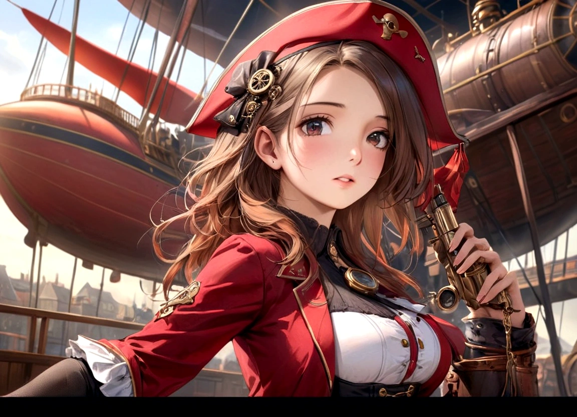LittleMasterpiece, Best Quality, Highly Detailed, High Definition, High Definition, High Definition, 4k, 8k, Unity 8K Wallpaper, Highly Detailed CG, Masterpiece, Realistic, Beautiful Details, Depth, Fine Texture, Best Quality: 1.3, Total concentration, perfect skin, him, very cute anime, female pirate, pirate costume, pirate ship, whole body, mole under the eye, gaze, high, blush, lips parted, his art, pink eyes, choker
