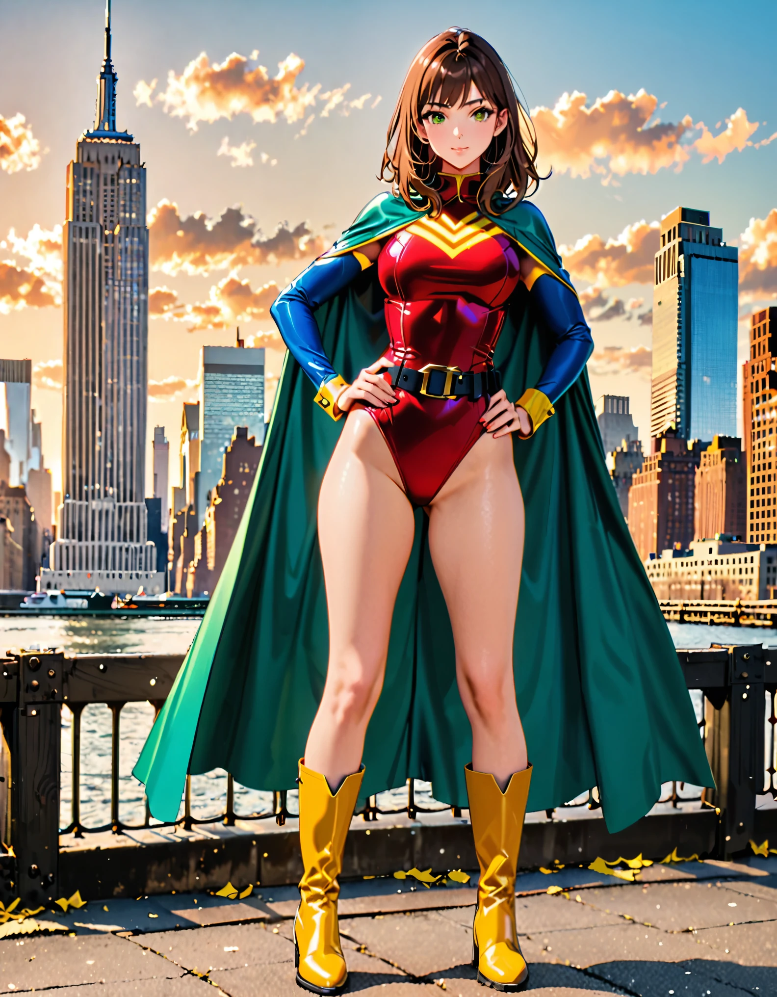 (masterpiece), (best quality), (high res), 1lady, tall body, beautiful detailed eyes, beautiful detailed face, perfect hands, complete fingers, perfect anatomy, perfect proportions, ((brown hair, medium hair, hair down)), ((green eyes)), (leotard, matching leotard), ((red leotard)), ((bare legs)), ((boots, matching boots, knee-high boots, yellow boots)), breasts, medium breasts, (full body portrait), looking at viewer, solo, solo focus, standing, (one hand on hip), cowboy shot, new york backdrop, ((belt, tight belt)), (blue sleeves, yellow cuffs), (yellow hawk (symbol) on the chest), (medium cape, (cyan cape)), full body costume design.