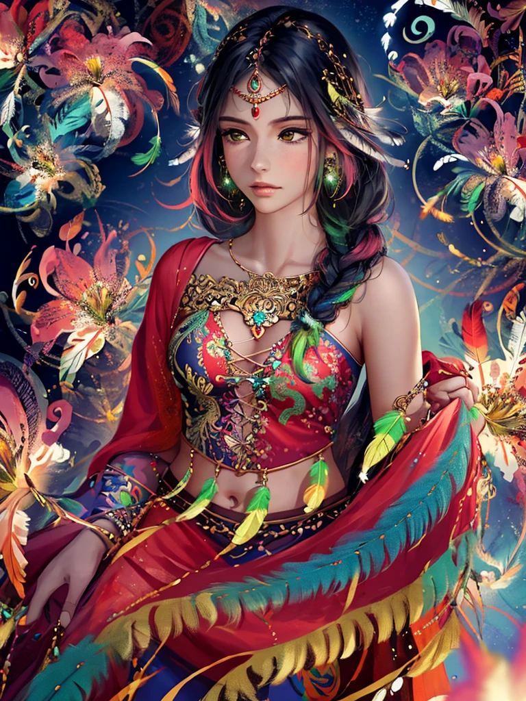 (masterpiece, top quality, Best quality, official art, Beautiful and aesthetically pleasing:1.2), (1 girl, mature:1.3, got old:1.3), long hair, braid sidelocks, extremely detailed,(fractal art:1.1),(Colorful:1.4)(flowers:1.3),The most detailed,(zentangle:1.2), (dynamic pose), (Abstract background:1.3), (shiny skin), (many colors:1.4),(Earrings:1.4), (feathers:1.4), cowboy shot