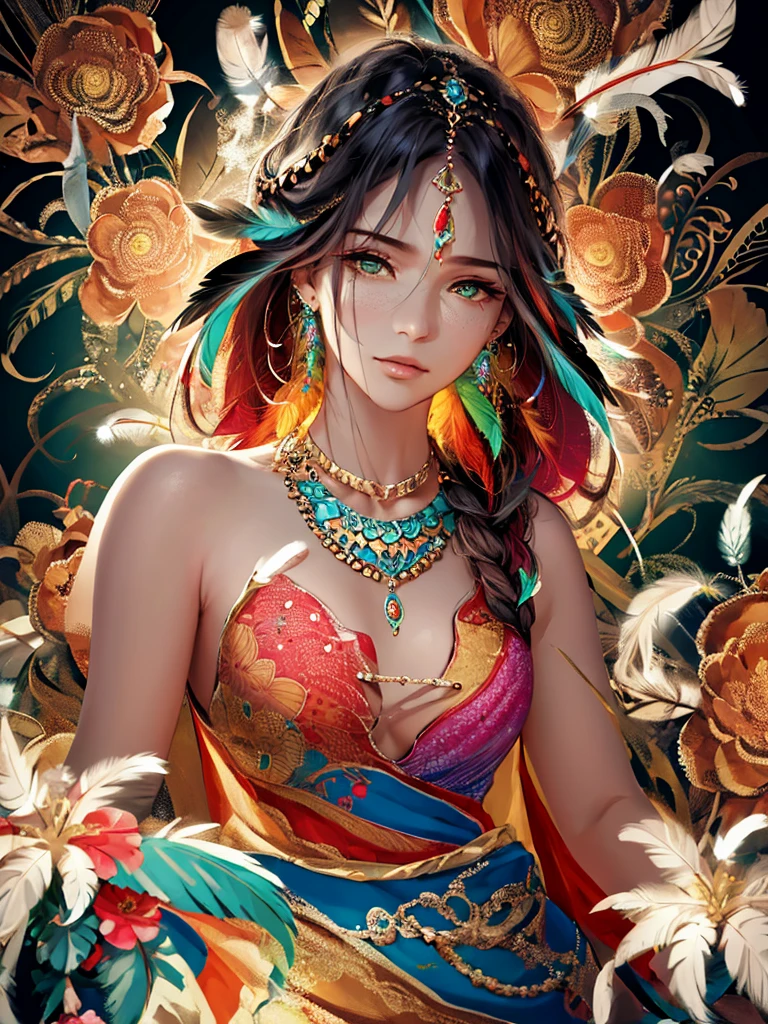 (masterpiece, top quality, Best quality, official art, Beautiful and aesthetically pleasing:1.2), (1 girl, mature:1.3, got old:1.3), long hair, braid sidelocks, extremely detailed,(fractal art:1.1),(Colorful:1.4)(flowers:1.3),The most detailed,(zentangle:1.2), (dynamic pose), (Abstract background:1.3), (shiny skin), (many colors:1.4),(Earrings:1.4), (feathers:1.4), cowboy shot