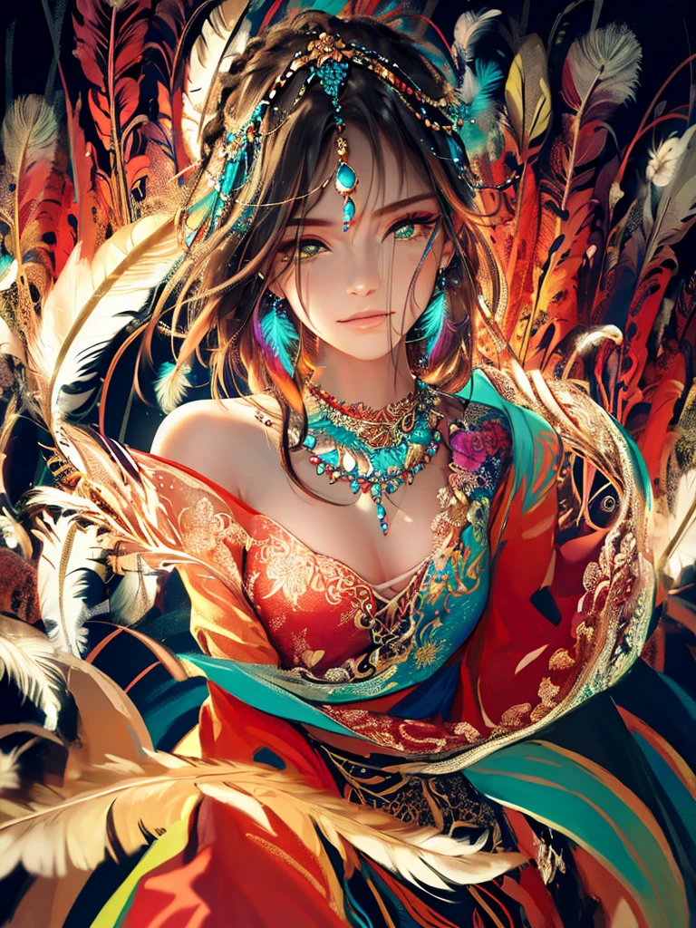 (masterpiece, top quality, Best quality, official art, Beautiful and aesthetically pleasing:1.2), (1 girl, mature:1.3, got old:1.3), long hair, braid sidelocks, extremely detailed,(fractal art:1.1),(Colorful:1.4)(flowers:1.3),The most detailed,(zentangle:1.2), (dynamic pose), (Abstract background:1.3), (shiny skin), (many colors:1.4),(Earrings:1.4), (feathers:1.4), cowboy shot