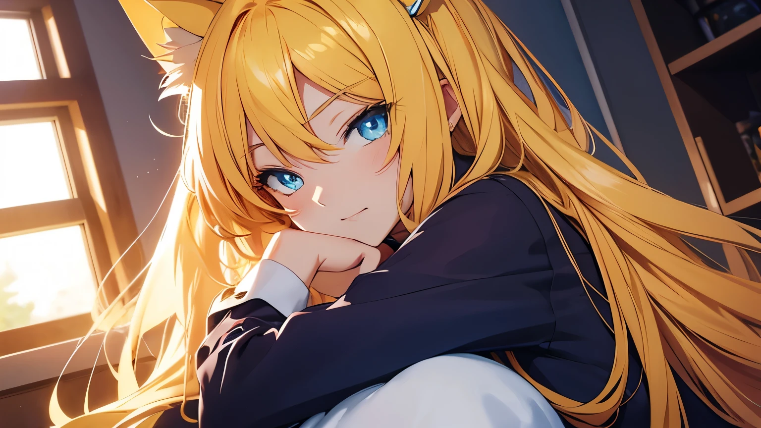 Anime cat girl with yellow hair and blue eyes is in love with a handsome man.
