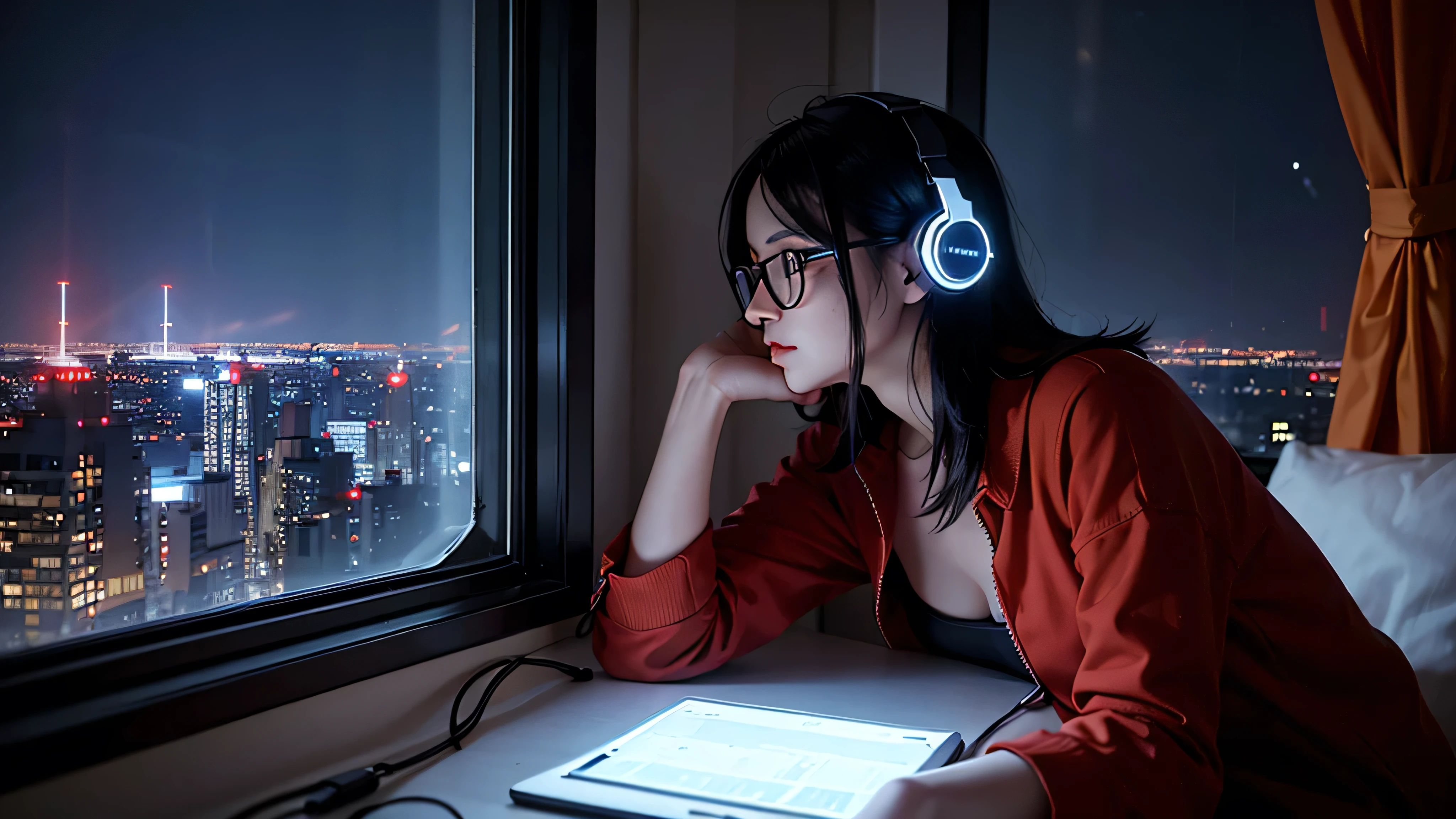 female character, revolutionary, communist, headphones, computer working, room, dim light, lamp, Cyber ​​Punk, profile, night, bluish environment with orange lights. Open windows, view of the city through the window. more realistic hair, glasses, more comfortable clothes, night city, underwear, improve hand details, black hair, night, city lights