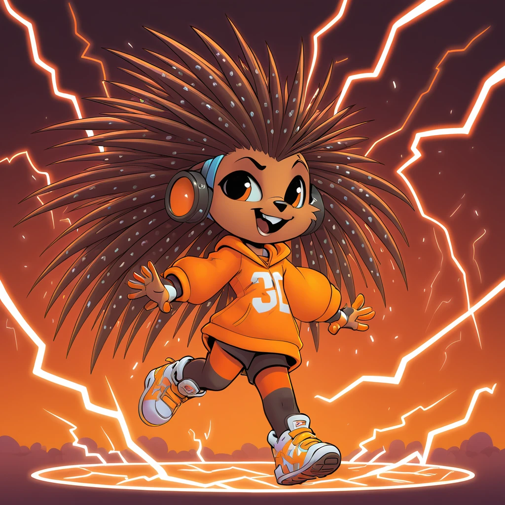 porcupine in skottie young art style orange aesthetics electrified background lightning storm