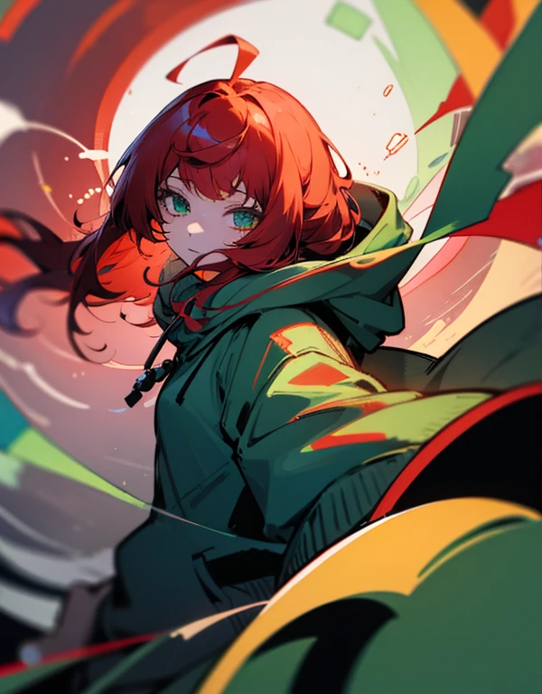 Long red hair, green eyes, see-through bangs, 2D girl, grey hoodie