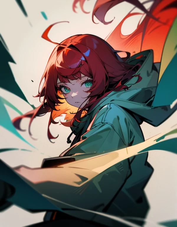 Long red hair, green eyes, see-through bangs, 2D girl, grey hoodie