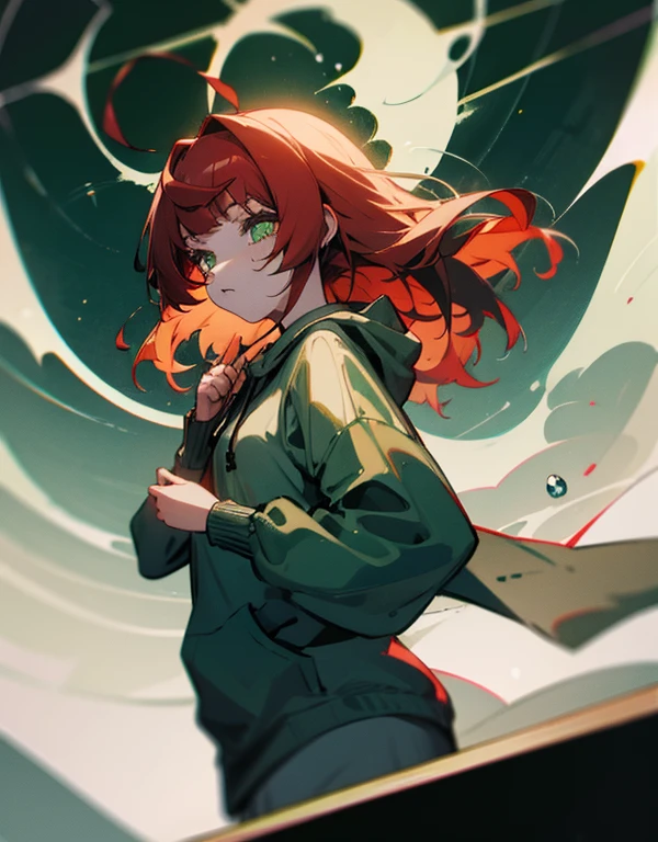 Long red hair, green eyes, see-through bangs, 2D girl, grey hoodie