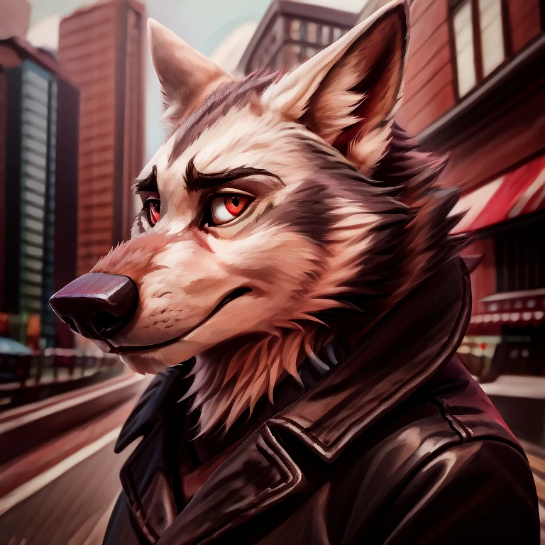 Vortex hellhound, wolf, furry, helluva boss, wearing a (leather jacket), solo, wolf, white fur, BREAK, city background, (intricate, high detail, film photography, soft focus, RAW candid cinema, photorealism, realistic, photorealistic, analog style, subsurface scattering, masterpiece, best quality, ultra realistic, 8k), profile picture, full body image