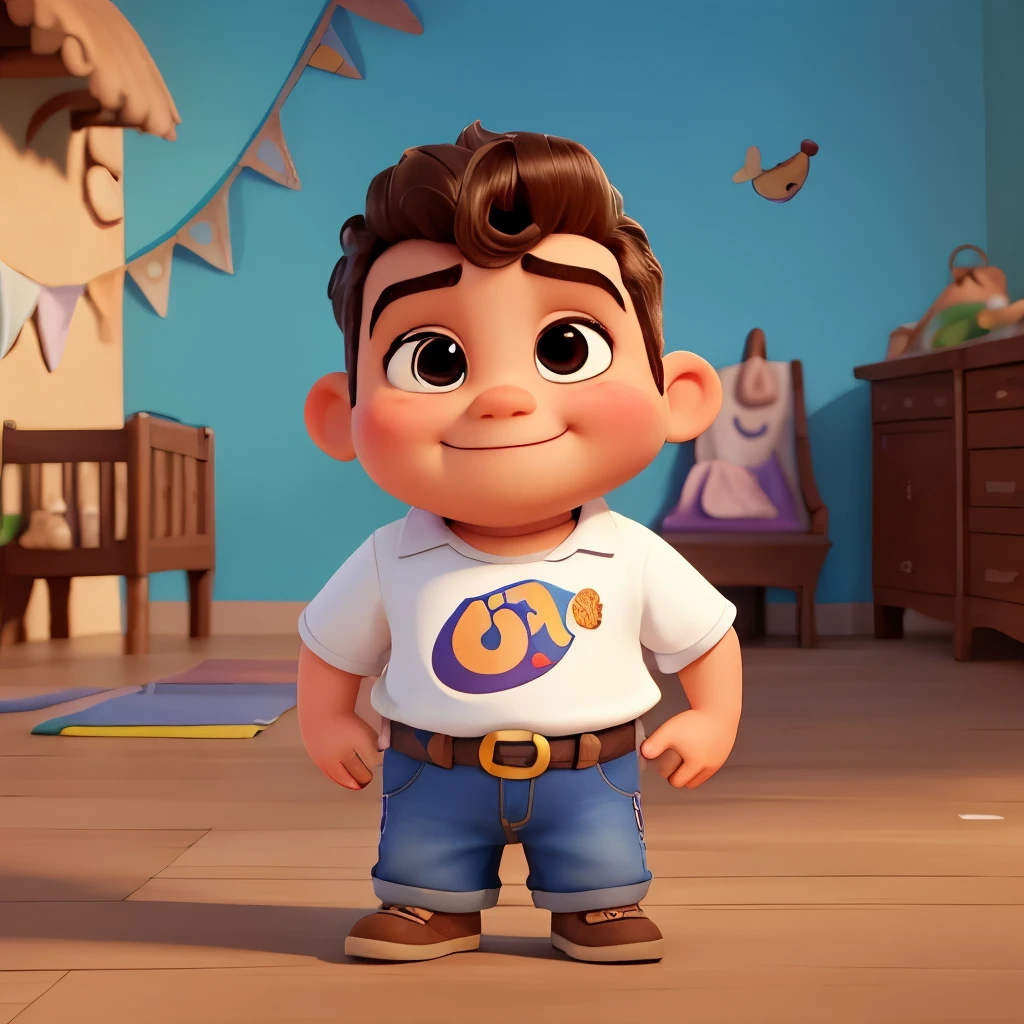 Dibujo de Disney Pixar , bebe principe con cachetes grandes hoyuelos , sonriéndo ,que no tenga pelo,que sea pelado,calvo,sin pelo,chubby physique ,vestimenta de principe y corona, en un fondo de un casitllo ,
