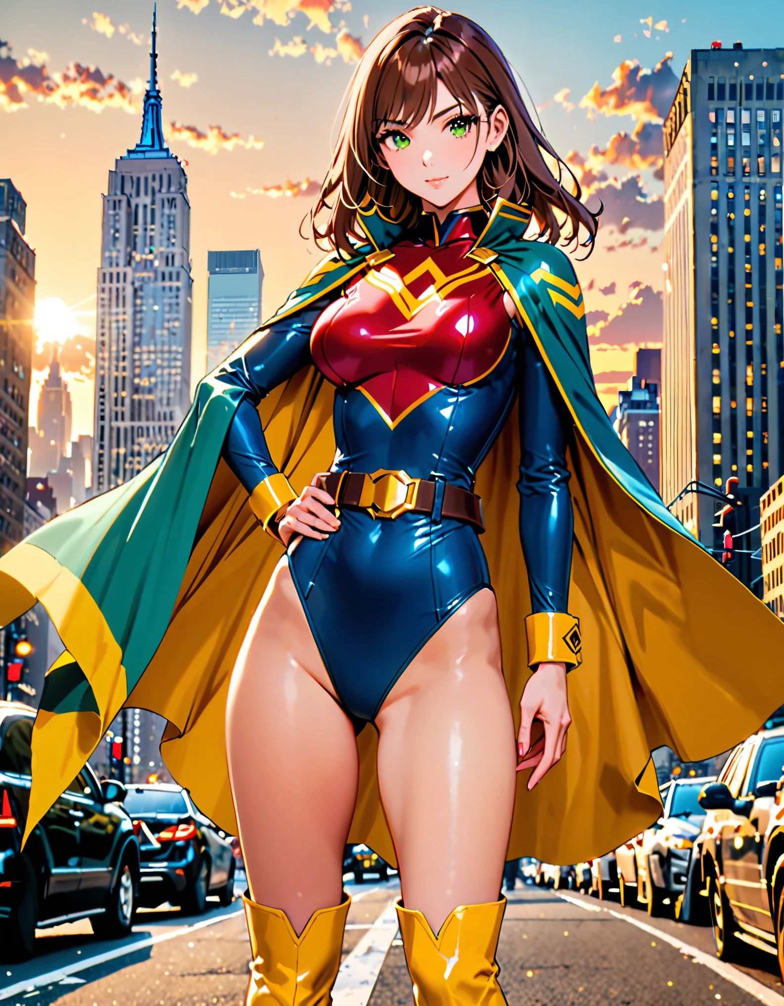 (masterpiece), (best quality), (high res), 1lady, tall body, beautiful detailed eyes, beautiful detailed face, perfect hands, complete fingers, perfect anatomy, perfect proportions, ((brown hair, medium hair, hair down)), ((green eyes)), (leotard, matching leotard), ((red leotard)), ((bare legs)), ((boots, matching boots, knee-high boots, yellow boots)), breasts, medium breasts, (full body portrait), looking at viewer, solo, solo focus, standing, (one hand on hip), cowboy shot, new york backdrop, ((belt, tight belt)), (blue sleeves, yellow cuffs), (yellow hawk (symbol) on the chest), ((medium cape, cyan cape)), full body costume design.