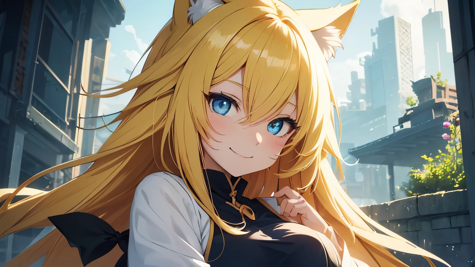 Anime cat girl with long yellow hair and blue eyes is smiling casually.