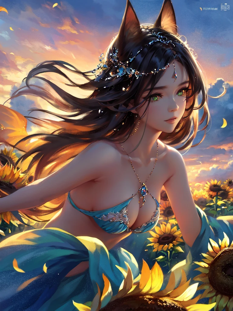 anime стиль, very good illustration, high detail, dynamic angle, excellent detail, 8K, summer day, Field of sunflowers, sunny day. BREAK Woman standing motionless., captivated by the beautiful scene, watching the sunflowers bloom. The look on her face says, that she is sincerely delighted with summer and the beauty of blooming sunflowers.. very good illustration, high detail, dynamic angle, beautiful detail,2d, (Best quality, masterpiece, beauty, tenderness), anime, very detailed face, very detailed eyes, very detailed background, Ideal lighting, whole body, 1 girl, One, (Very detailed cat ears), (Very detailed ears behind the hair), very detailed eyes, The ears are covered with hair, very detailed hands, very detailed hands,