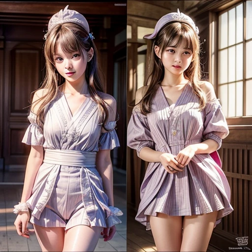 8k,High -level, absurd, masterpiece, best quality, primitive, very detailed CG, very detailed wallpaper, perfect lighting, (((The personification of "morning glow"))), MysticSight, Tyndall effect, Tyndall scattering, (RoundlyButts, ThighGap), (Exposed:0.3), (Assfocus with looking ahead), BREAK (((NOGIZAKA face variations))) Extremely Detailed very KAWAII face variations, perfect anatomy, Childish, captivating gaze, elaborate detailed Eyes with (sparkling highlights:1.28), long eyelashes、Glossy RED Lips with beautiful details, Coquettish tongue, Rosy cheeks, Radiant PearlSkin with clear transparency . { (Dynamic LifeLike expressions:1.4) | :d) }, (large eyes:-1) .