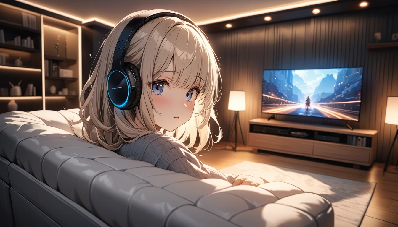highest quality, Ultra-high resolution, One Girl, nap、sofa、cute,(Platinum Blonde Hair:1), ((Puffy eyes)), View your viewers(Depth of Field HDR 8K 4K Wallpaper Cinematic Angle, Living Room Lighting(masterpiece, highest quality:2.0),headphone,listen to music
