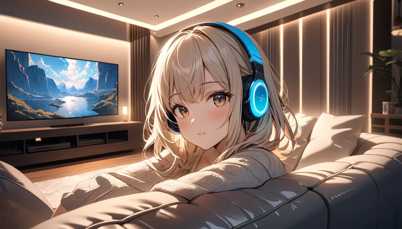 highest quality, Ultra-high resolution, One Girl, nap、sofa、cute,(Platinum Blonde Hair:1), ((Puffy eyes)), View your viewers(Depth of Field HDR 8K 4K Wallpaper Cinematic Angle, Living Room Lighting(masterpiece, highest quality:2.0),headphone,listen to music