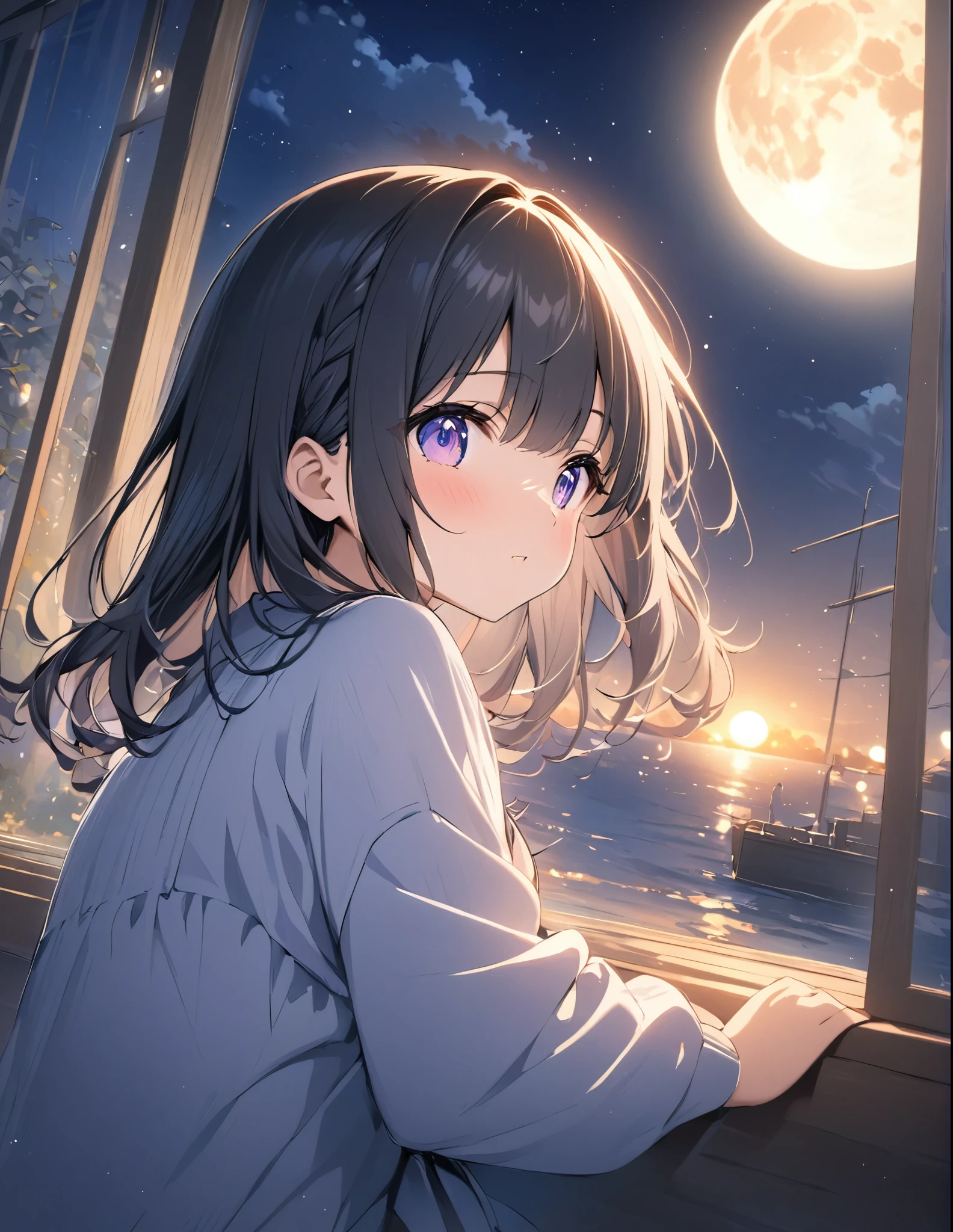 (masterpiece:1.2),(anime),Big moon in the background、Night Sky、Girl watching the moon、cute、The girl is illuminated by the moonlight、Fantastic works、Light effects