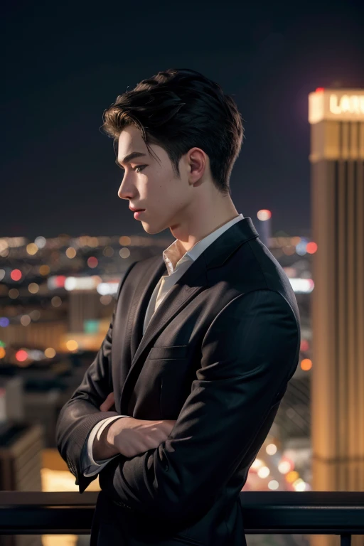 make a young man who is in profile so that the camera is close and that you can only see from his nose to his chest and that he has the city of Las Vegas at night in the background and that the photo is animated