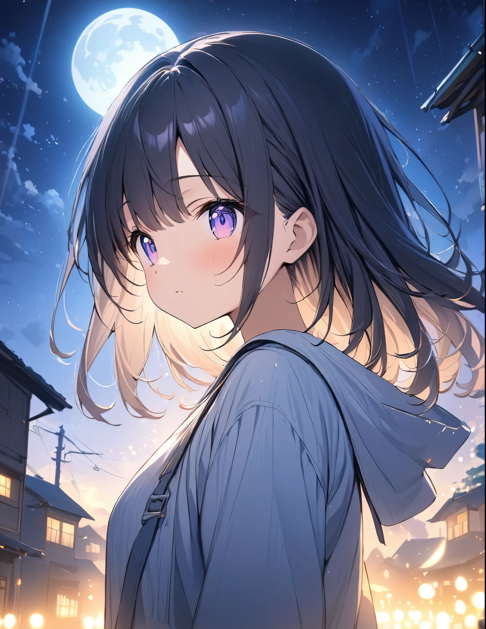 (masterpiece:1.2),(anime),Big moon in the background、Night Sky、Girl watching the moon、cute、The girl is illuminated by the moonlight、Fantastic works、Light effects