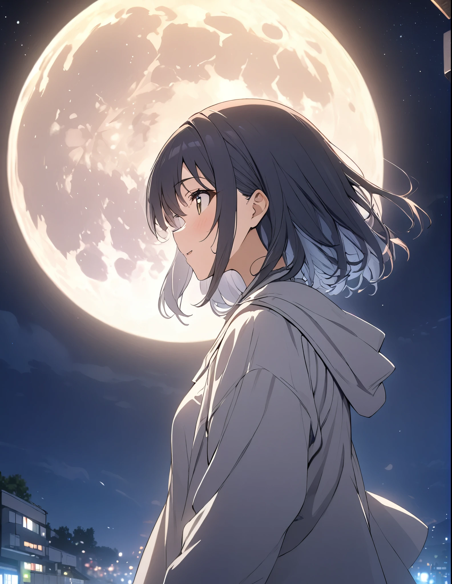 (masterpiece:1.2),(anime),Big moon in the background、Night Sky、Girl watching the moon、cute、The girl is illuminated by the moonlight、Fantastic works、Light effects