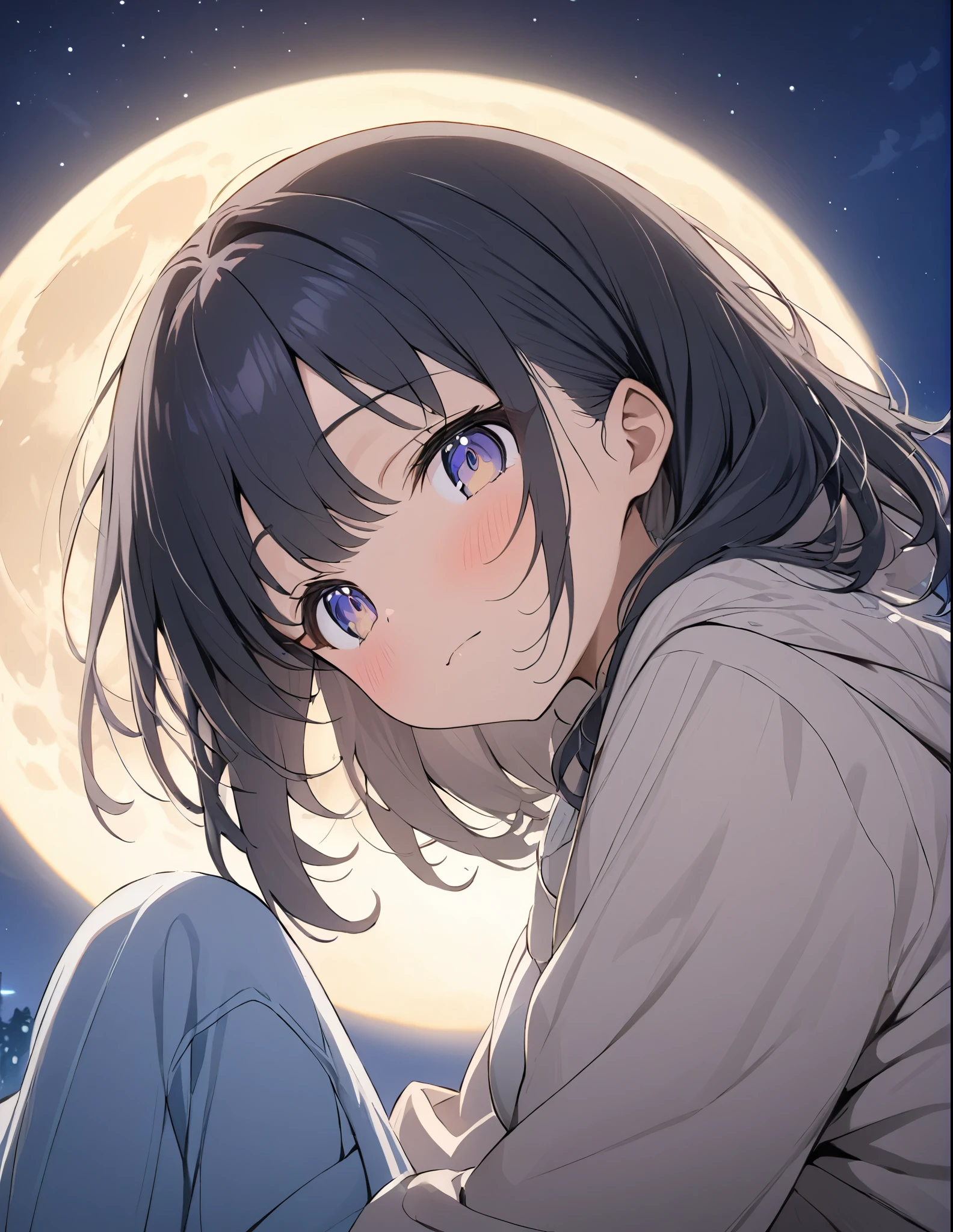 (masterpiece:1.2),(anime),Big moon in the background、Night Sky、Girl watching the moon、cute、The girl is illuminated by the moonlight、Fantastic works、Light effects