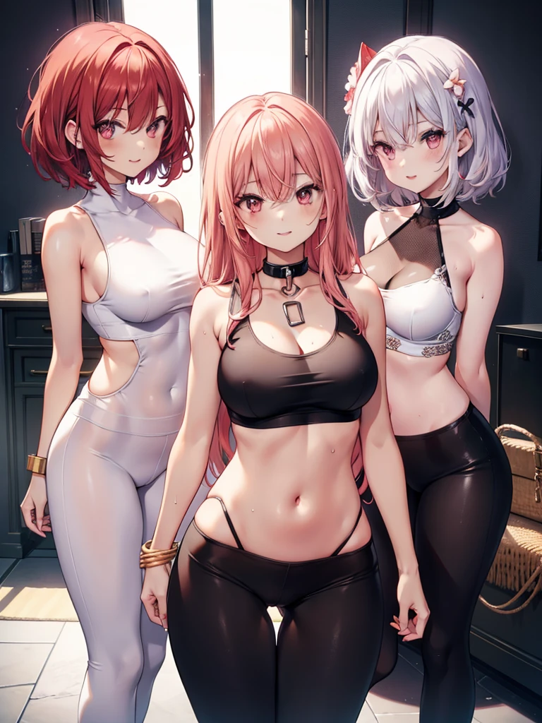 good body, beautiful face, 3 girls together.,  older, light red hair, eyes, Chain around the neck, shoulder, White tank top, very thin, Leggings, big breasts, abdomen, Thin waist, thick legs, ต้นthick legs, The background situation is randomly looked at by the viewer.
, naked girl, Camel petals, wet, smile at the corner of the mouth, red lipstick,