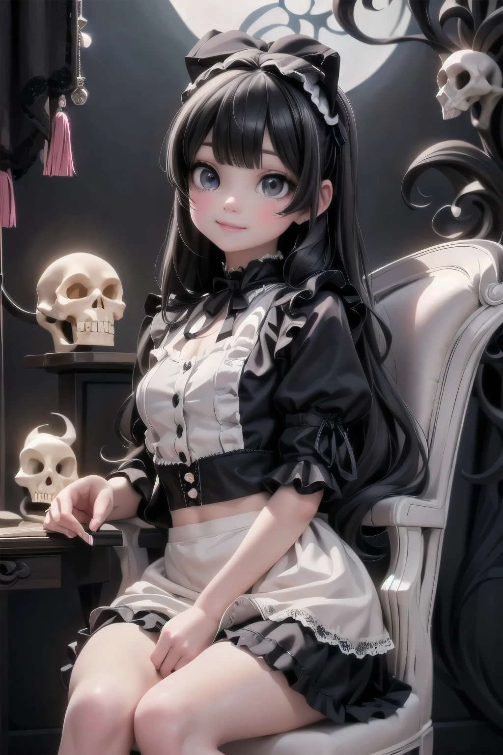 a cute demon girl sculping a skull, sitting on an gothic armchair, lace cloth, crop shirt, mini skirt, (((Lolita pumps))), night scene, moon at background, (magic) lanterns floating