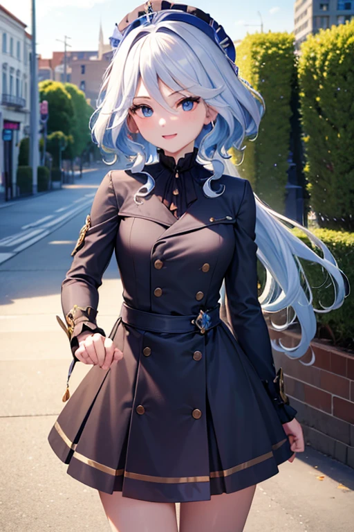 (highest quality,4K,High resolution,masterpiece:1.2),Very detailed,Beautiful details, Teenage body,Expressions of joy,Furina character, 16-year-old teenager, Happy expression,Walking around the city, Shiny Hair,brake