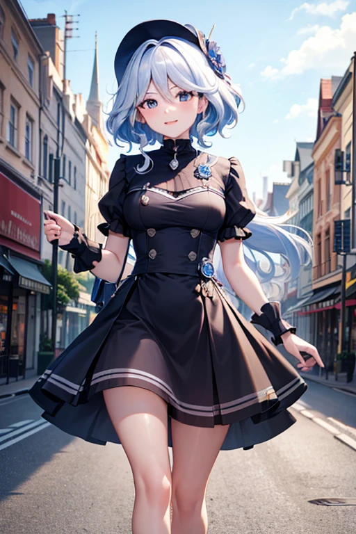 (highest quality,4K,High resolution,masterpiece:1.2),Very detailed,Beautiful details, Teenage body,Expressions of joy,Furina character, 16-year-old teenager, Happy expression,Walking around the city, Shiny Hair,brake