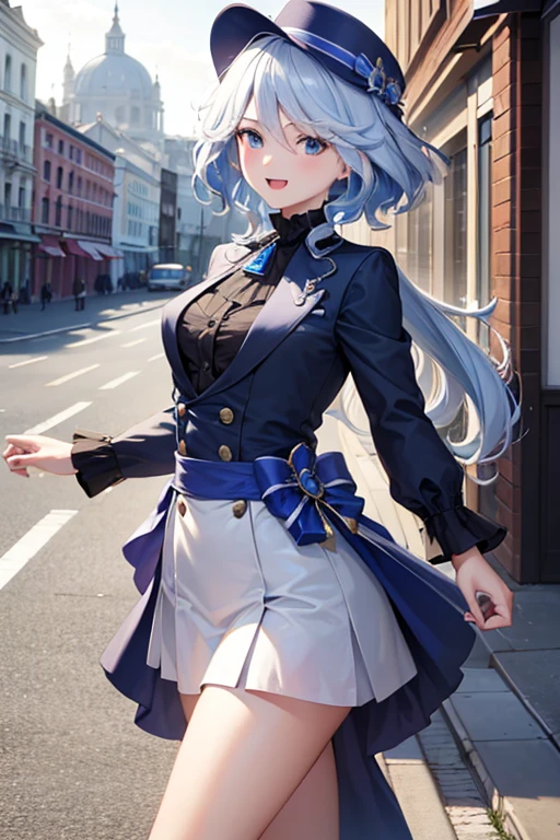 (highest quality,4K,High resolution,masterpiece:1.2),Very detailed,Beautiful details, Teenage body,Expressions of joy,Furina character, 16-year-old teenager, Happy expression,Walking around the city, Shiny Hair,brake