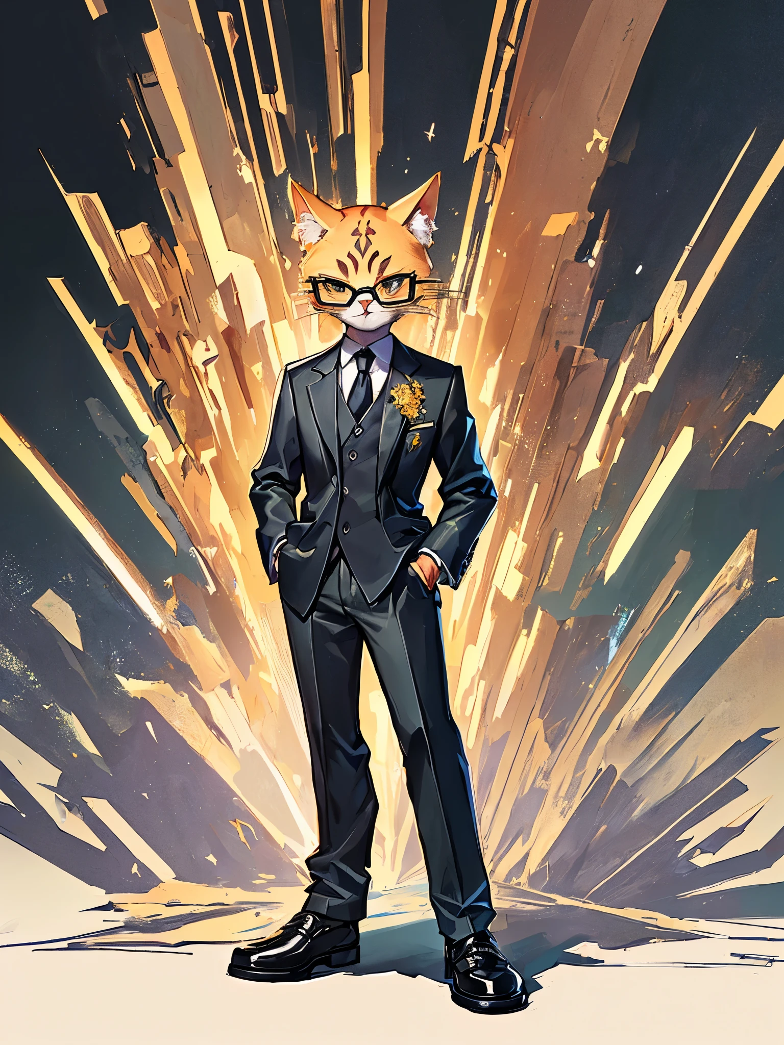 Wearing a suit and tie、Cartoon cat standing with hands in pockets, Wearing glasses、World Boss Kitten, Furry character portrait, Official character illustration, Official character art, Cute and detailed digital art, Professional fur drawing, High-quality portraits, Fashionably dressed fursona, Fursona Art, Casual clothing, Fur Artist, Anthropomorphic cat, High resolution consignment, Official concept art