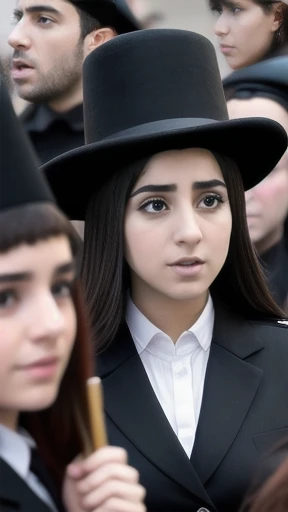Have a group of young Haredi protest with a focus on the characters' faces.
