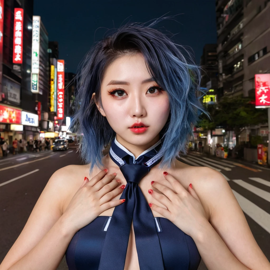 (8k, RAW photo, masterpiece:1.3), (realistic, photo-realistic:1.37), (night), (looking at viewer:1.331), (bloody hair), posing, Tokyo street, nightcityscape, cyberpunk city, soft light, topless girl, extremely beautiful face, bust, put down hands, Random hairstyle, Random expression, big eyes, lower abdomen, (short-sleeved .JK_shirt), JK_style, (dark blue short JK_skirt), (bow JK_tie), mix4., best quality