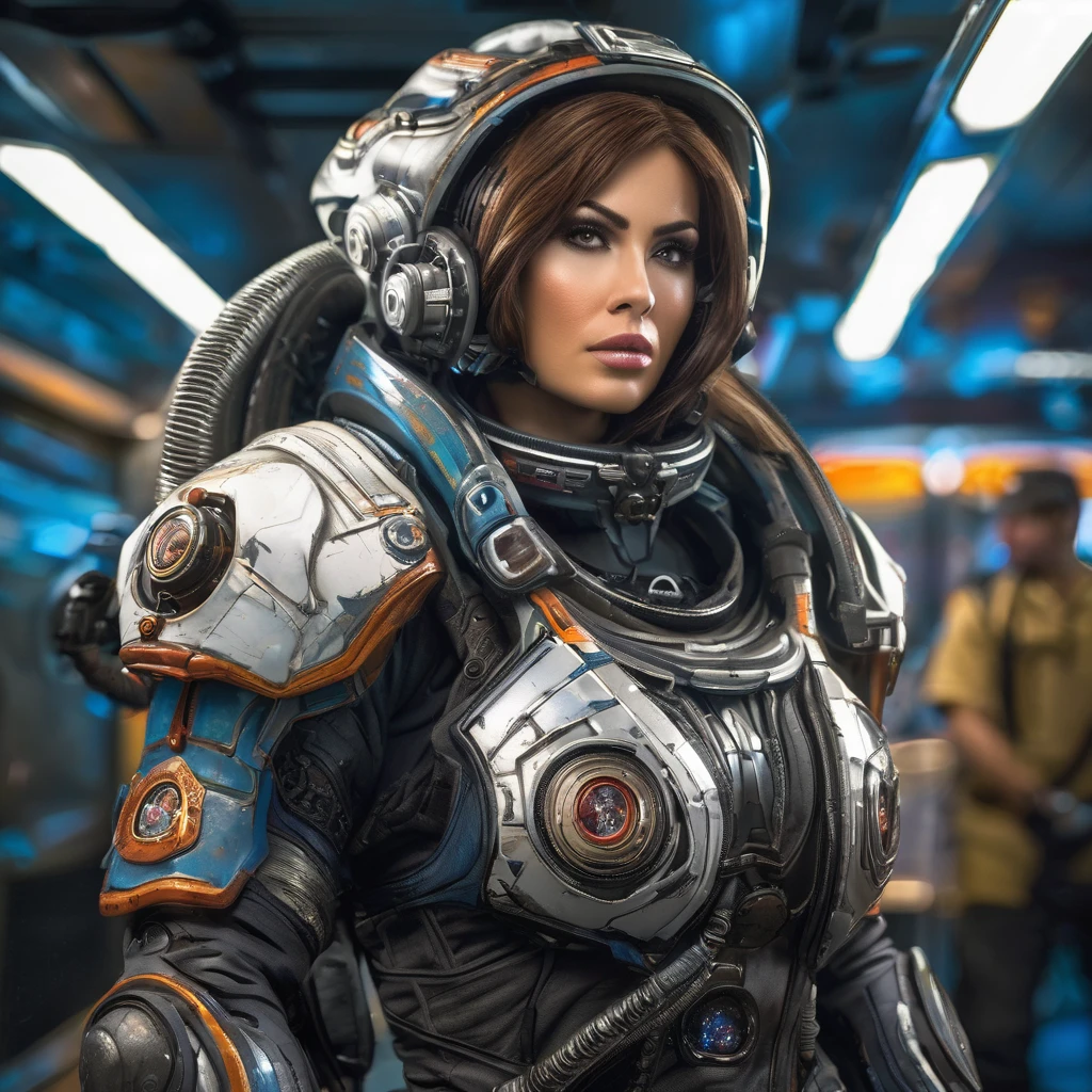 mujer alienigena extraterrestre, considerada como una de las razas mas bellas de la galaxia, con una cara, ojos y labios sensuales, vestida con uniforme sexy de gears of war, ((se encuentra en centro de control de estacion espacial)). hiperrealista, imagen nitida, 8k. imagen cinematografica. (intrincados detalles de la maquina)
