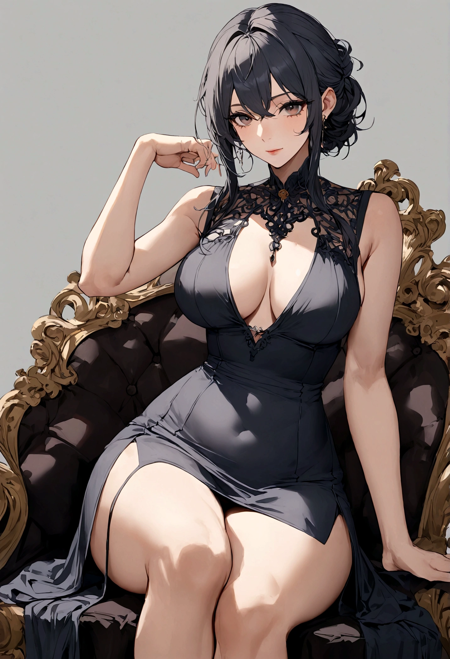 sleeveless dress,adult woman,cool hair,attractive body,sitting, background: random