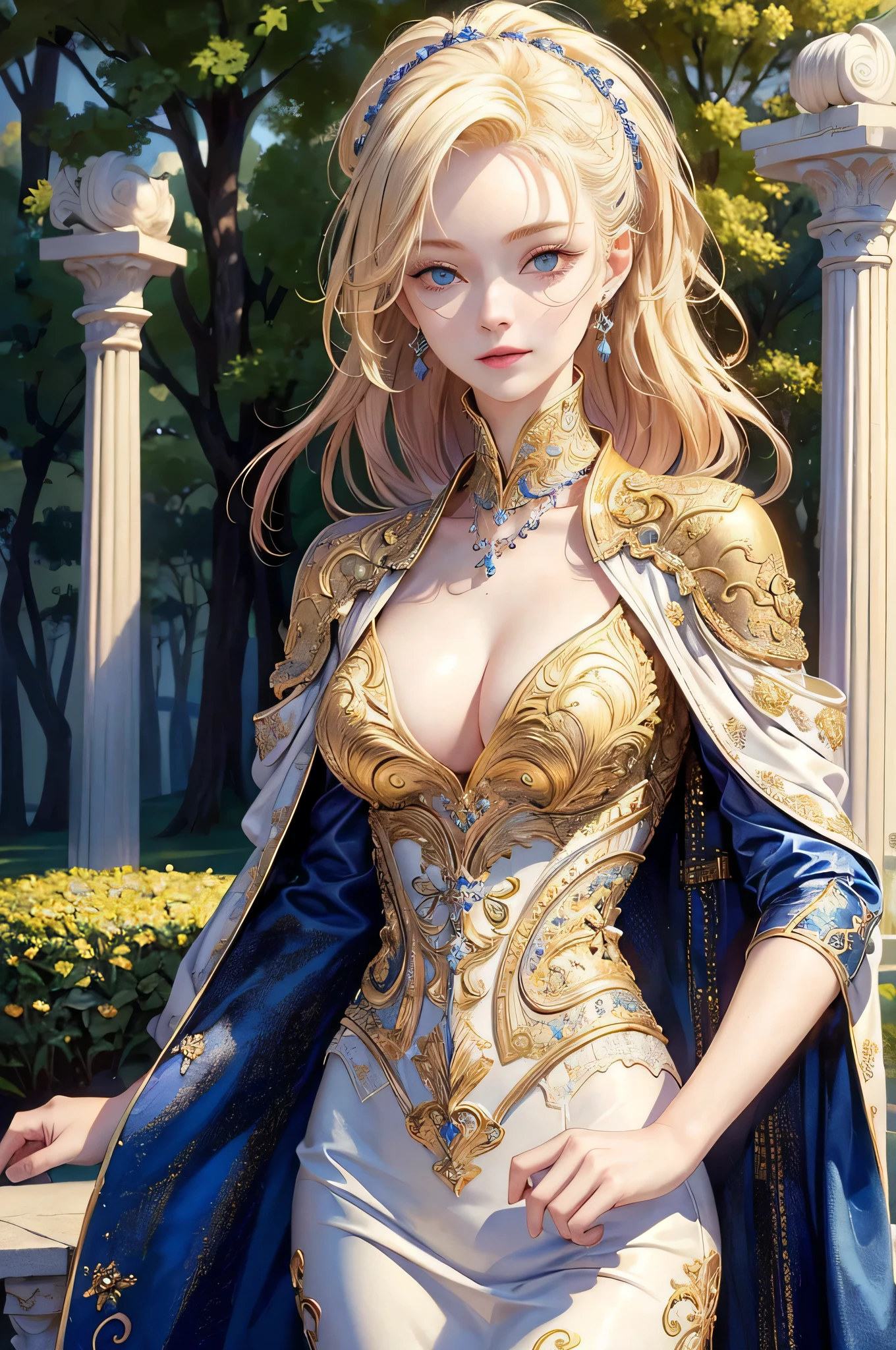 masterpiece, best quality, 1girl, beautiful, fine, delicate, extremely intricate, detailed, blonde hair, jacket, blue eyes, ((masterpiece)), extremely detailed, best quality, high resolution, ((at a park)), Bridget, smile,