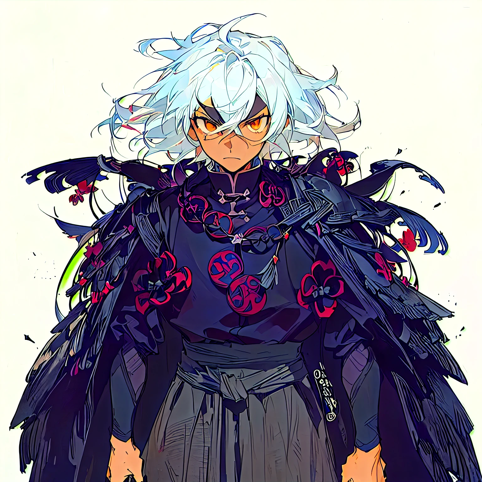 a drawing of a man with a white hair and black wings, tan black skin tone, great character design, painted in the style arcane, interesting character design, anime character; full body art, detailed fanart, detailed anime character art, dark fantasy character design, dark witch character, eerie and grim art style, Inspired by Kameda Bōsai, demon slayer rui fanart, red flower raising on eye, angry face