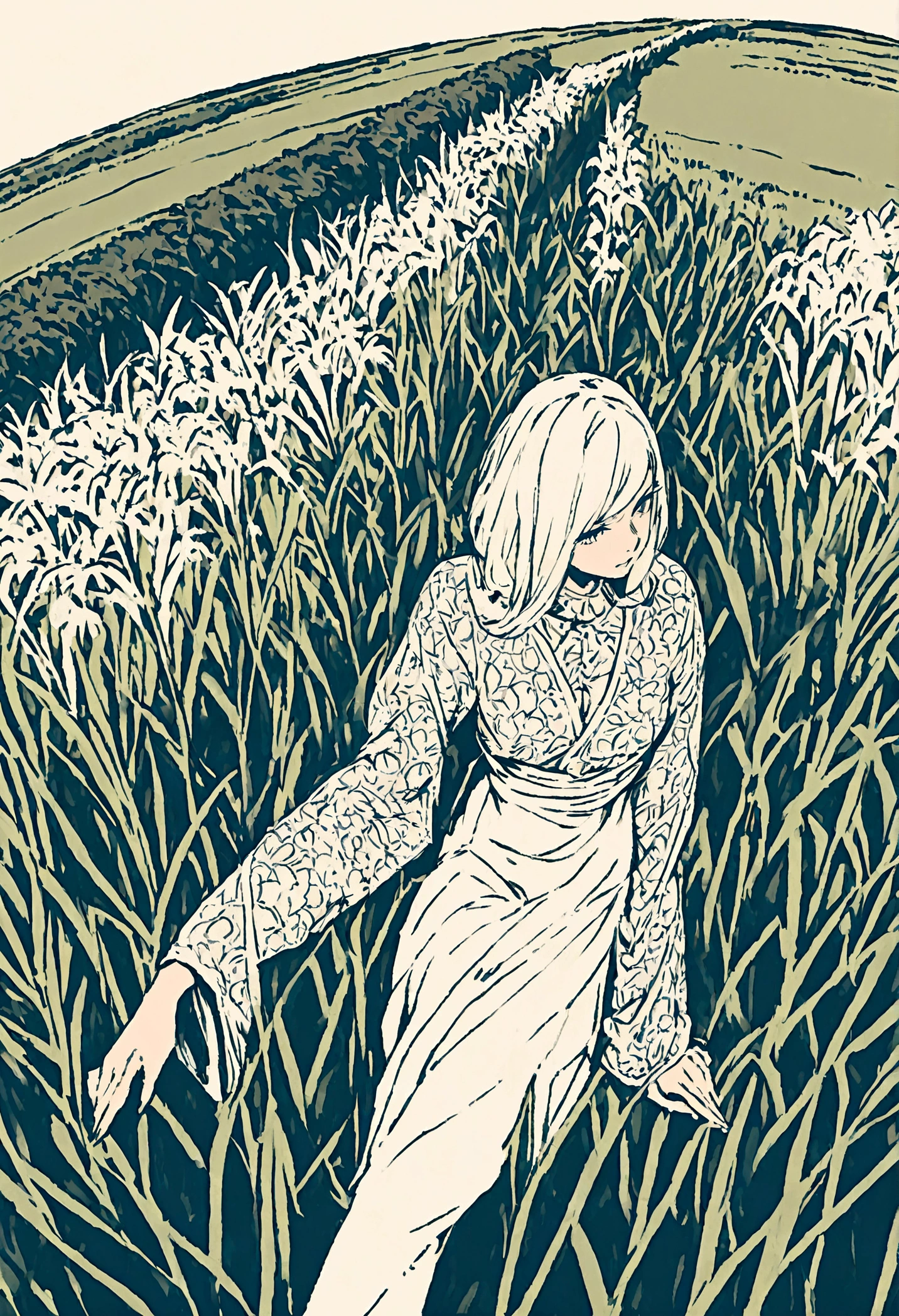 Illustration of a rich woman sitting and looking at a rice field. Wide angle.