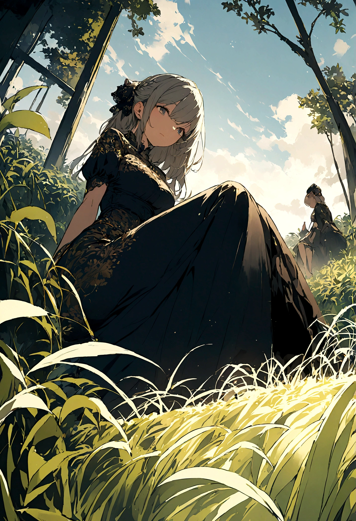 Illustration of a rich woman sitting and looking at a rice field. Wide angle.