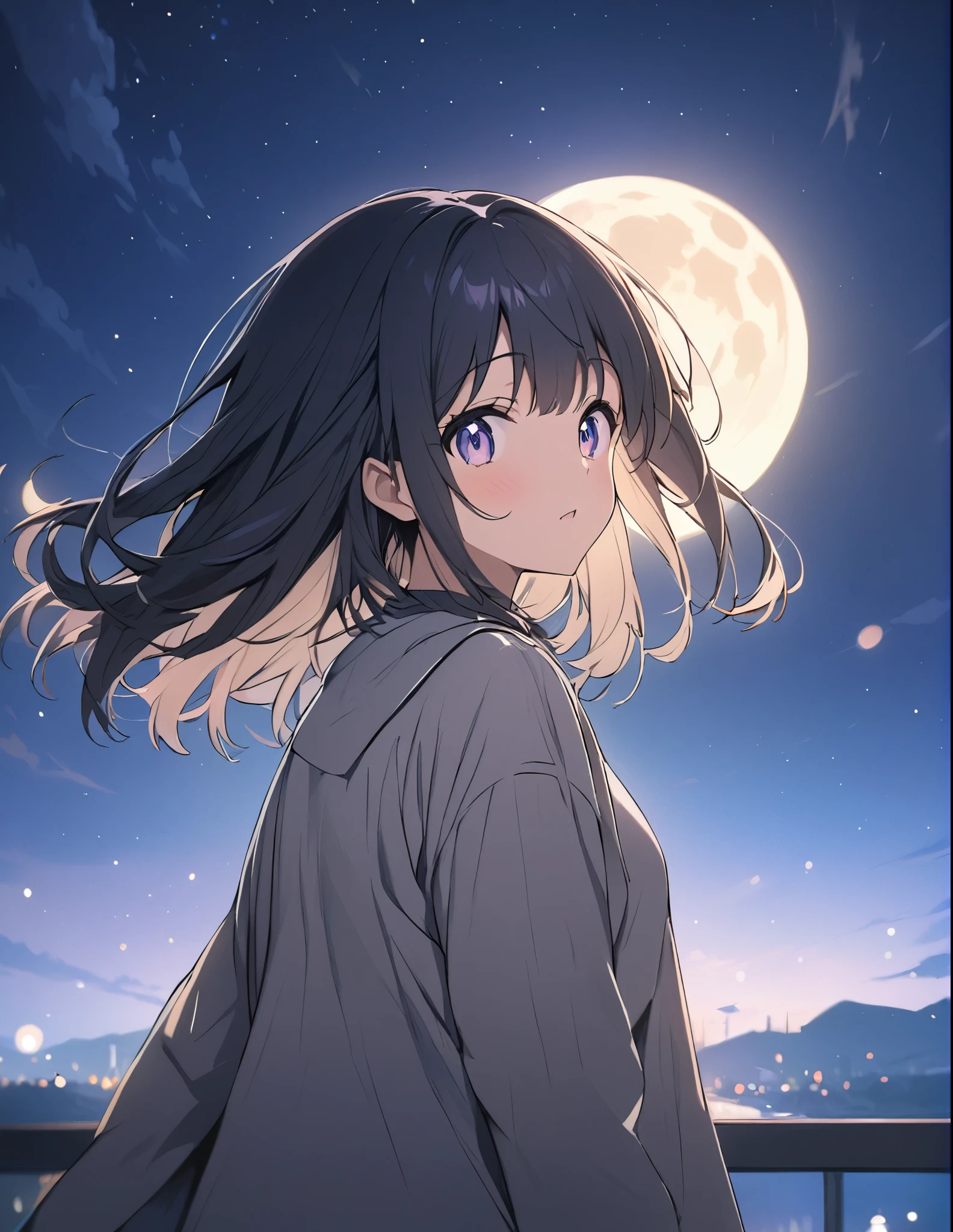 (masterpiece:1.2),(anime),Big moon in the background、Night Sky、Girl watching the moon、cute、The girl is illuminated by the moonlight、Fantastic works、Light effects