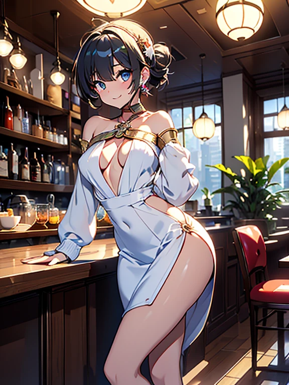 (((Masterpiece))),(((Super Detail))),(((in 8K))),(((best composition))),(((Rim lighting,Fireglow effect,deep shadow))),solo,(Hatsune Miku:1.0),Beautiful fingers,Detailed finger features,(Detailed hair features:1.7),(Dynamic and sexy bending pose:1.3),detailed facial features,detailed clothes features, (perky chest:1.1), (pointed chest:1.3), delicate beautiful face, Bright blue eyes, cute eyes, sparkling eyes, Big eyes, beautiful detailed eyes,double bun with glittering hair ornament,(super detailed glossy skin:1.3),slender body,(small breasts:1.2), (perky chest:1.2),goddess smile,((with sparkling eyes and a contagious smile)),beautiful posture,have a cup of coffee,black hair, green eyes, dress, bare shoulders, jewelry, collarbone, sidelocks, hairband, earrings, indoors, off shoulder, sweater, arms behind back, plant, short hair with long locks, white hairband, off-shoulder dress, sweater dress, off-shoulder sweater, red sweater, big side hair, very long side hair,seductive cleavage:1.1,beautiful glossy legs,shiny red high heels,lifting dishes with cakesd,in a french restaurant,hustle and bustle,rising steam of a coffee,looking at viewer,