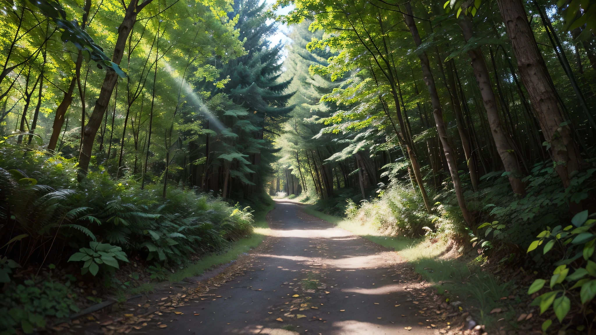 A narrow path in a dense forest, illuminated by a divine light that passes through the foliage, guiding a person who walks with confidence and serenity, symbolizing the light of God guiding us in difficult times.