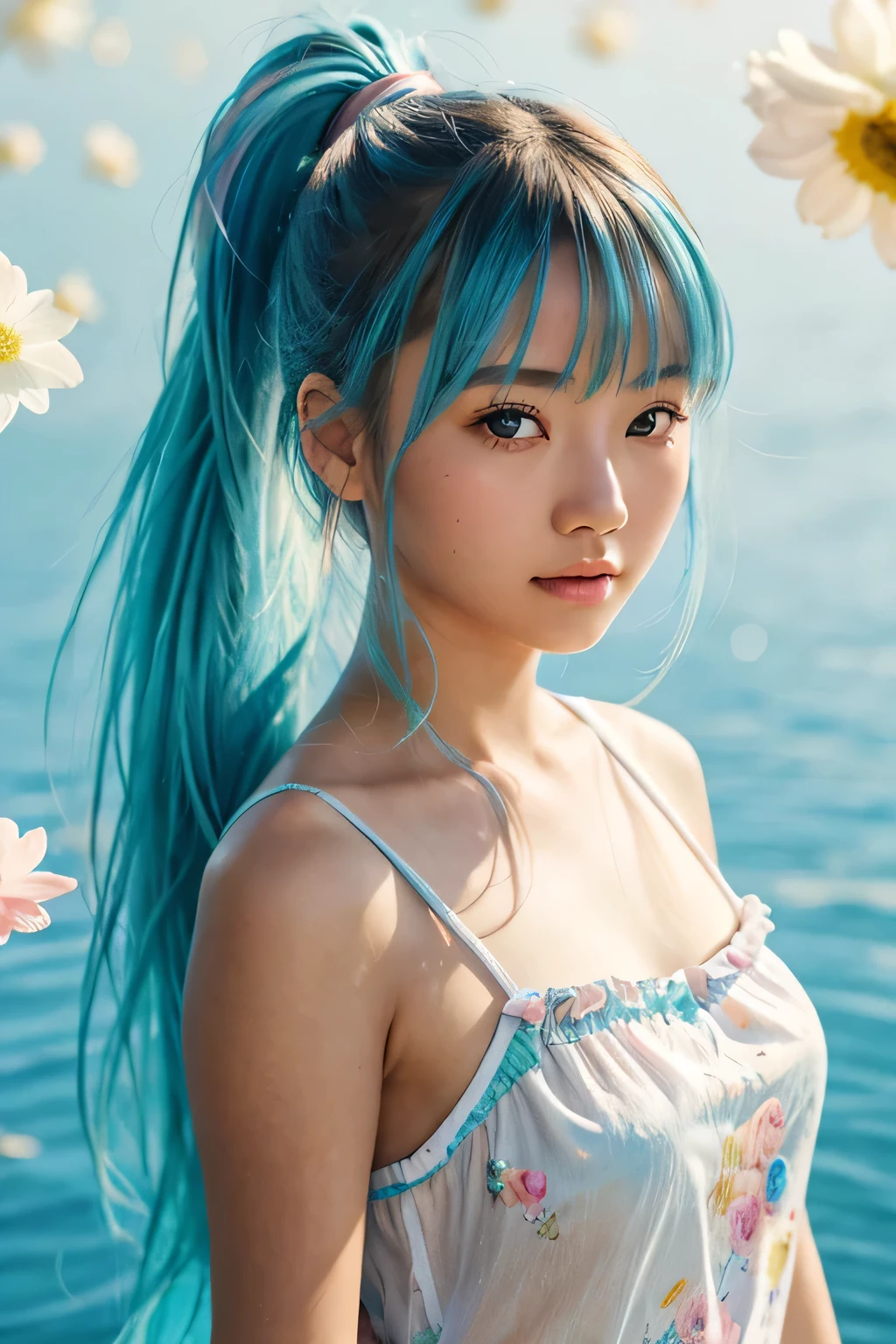 (masterpiece), (best quality), (ultra detailed),(disheveled hair),(illustration), (1girl), (Fashionable clothing), standing, Fashion model, looking at viewer, (interview), (simple background),beautiful detailed eyes, delicate beautiful face, Floating,(high saturation),(colorful splashes),colorful bubble,(shining), focus on face, ponytail, kamisato ayaka, light blue hair, bangs, hair ring, floating flowers, floating hairs, (shining), best lighting, best shadow,