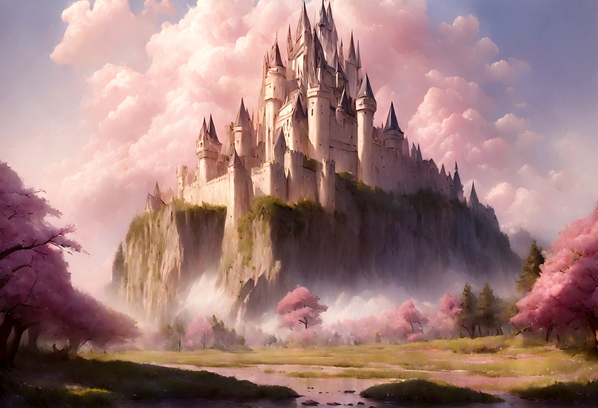 (masterpiece:2), (very detailed realistic photography:2), (castle in the distance), (beautiful white and pink fantasy castle in a background with white and pink clouds of various shades), (you can see a forest that It surrounds the castle with pink trees similar to cherry trees), (there are several purple and pink bushes of various shades around the forest), (there are many pink trees in the foreground), (white and pink mist surrounds the castle).