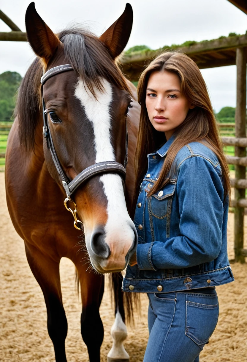 In the image, there is a woman standing next to a horse. The woman appears to be in her late teens or early twenties, with long brown hair. She is wearing a denim jacket and has a gentle expression on her face. The horse is a large brown animal with a white blaze on its forehead, which is a distinctive marking. The horse's ears are perked forward, indicating alertness or attentiveness. They are both standing in a wooden structure that could be a stable or a covered area, with wooden beams visible in the background. The lighting suggests it might be an overcast day or the photo is taken in a shaded area. The overall atmosphere of the image is calm and serene.