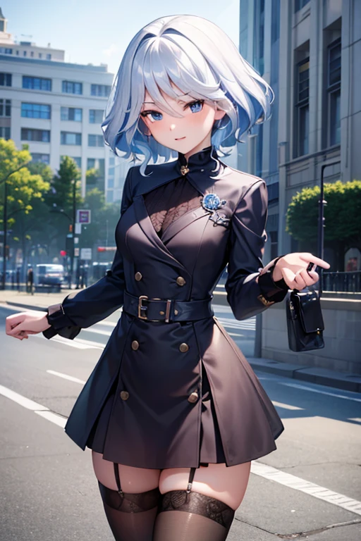 (highest quality,4K,High resolution,masterpiece:1.2),Very detailed,Beautiful details, Teenage body,Expressions of joy,Furina character, -yeld tey expression,Walking around the city, Shiny Hair